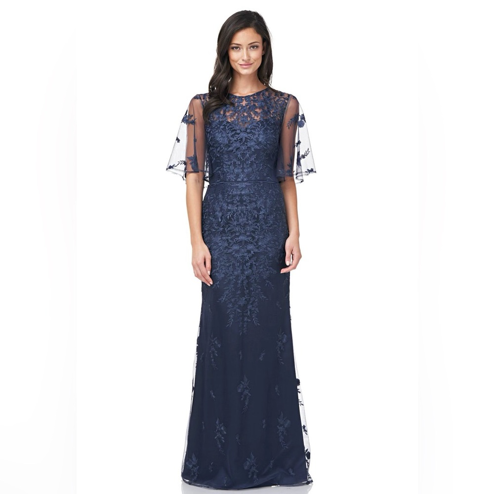 NWT JS Collections Floral Embroidered Flutter Sleeve Gown 10 $325